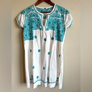 White & Teal embroidered swimsuit cover-up